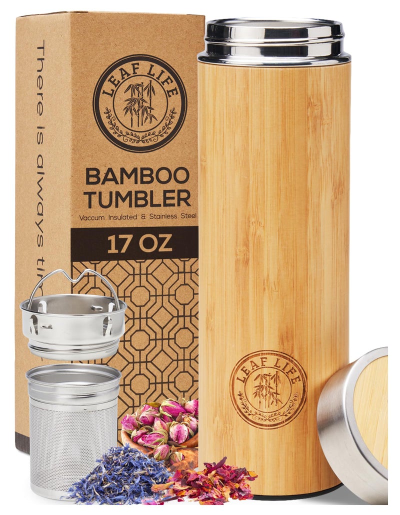 LeafLife Premium Bamboo Tea Bottle for Loose Tea - Tea Infuser Bottle - Tea Gifts - Insulated Water Bottle/Coffee Tumbler/Tea Thermos - Tea Gift Set  Tea Accessories - Tea Tumbler 17oz - Image 1